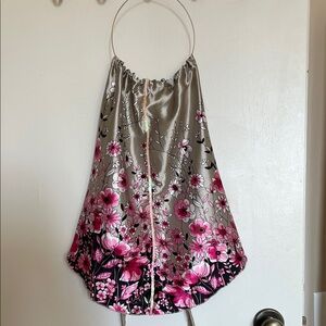 Floral Pink and Black Metallic Neck w/ Drawstring; Backless Top